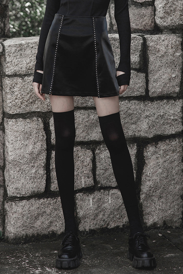 Leather Punk Skirt with Lace Slit and Rivet Trim