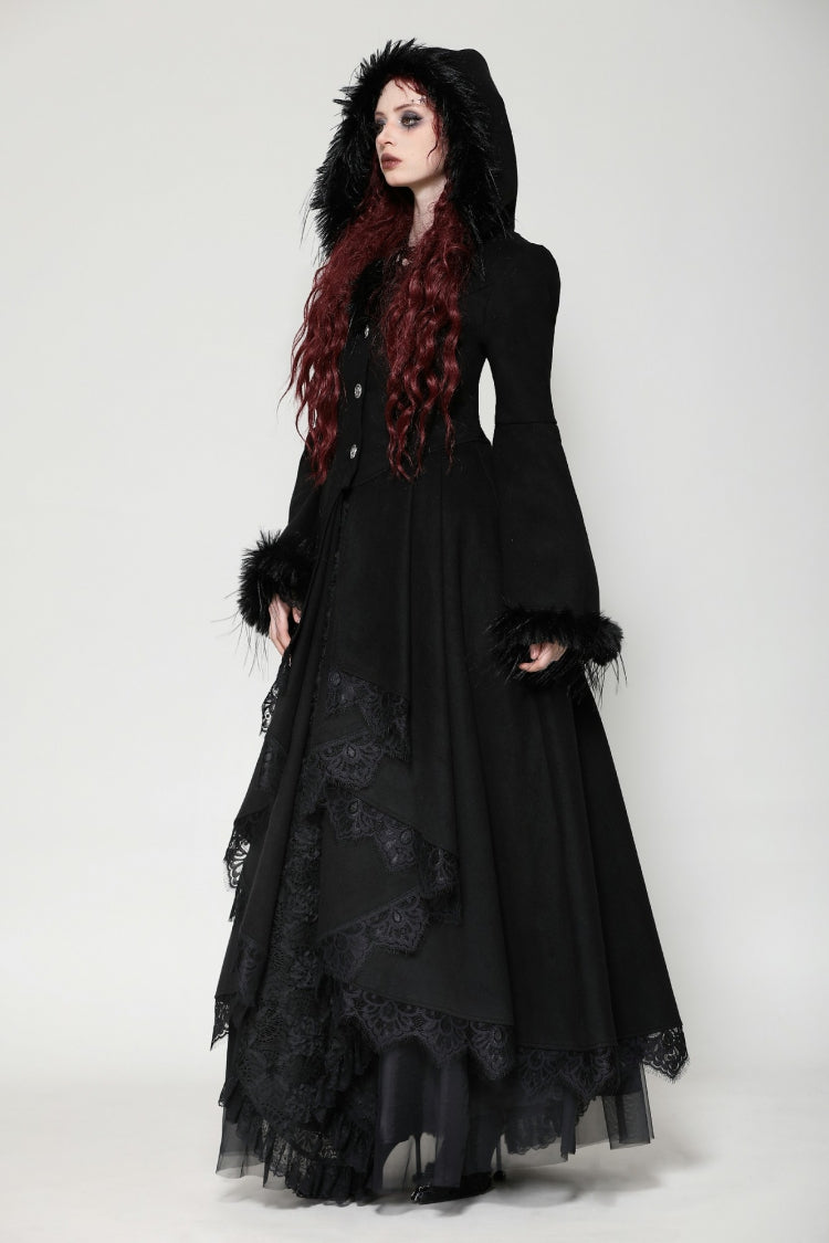 Charcoal Hooded Romantic Coat with Flared Sleeves and Buttons