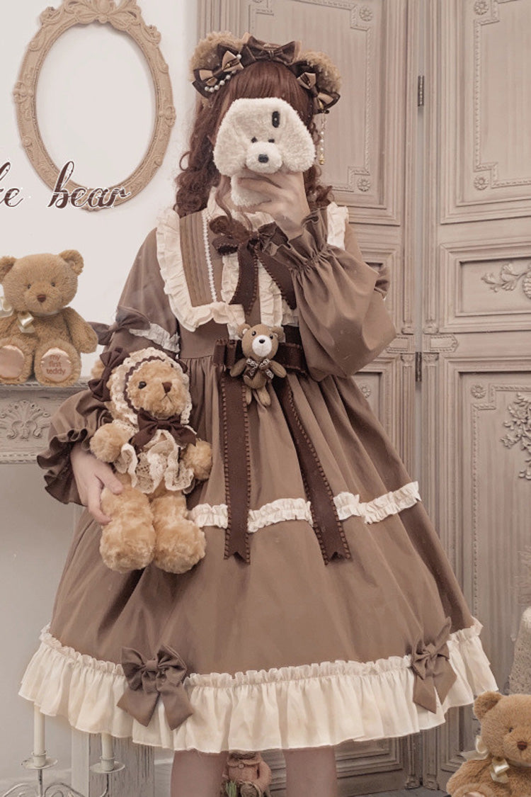 Brown Sweet Lolita OP Dress with Teddy Bear Print and Round Collar - Altfashion Shop