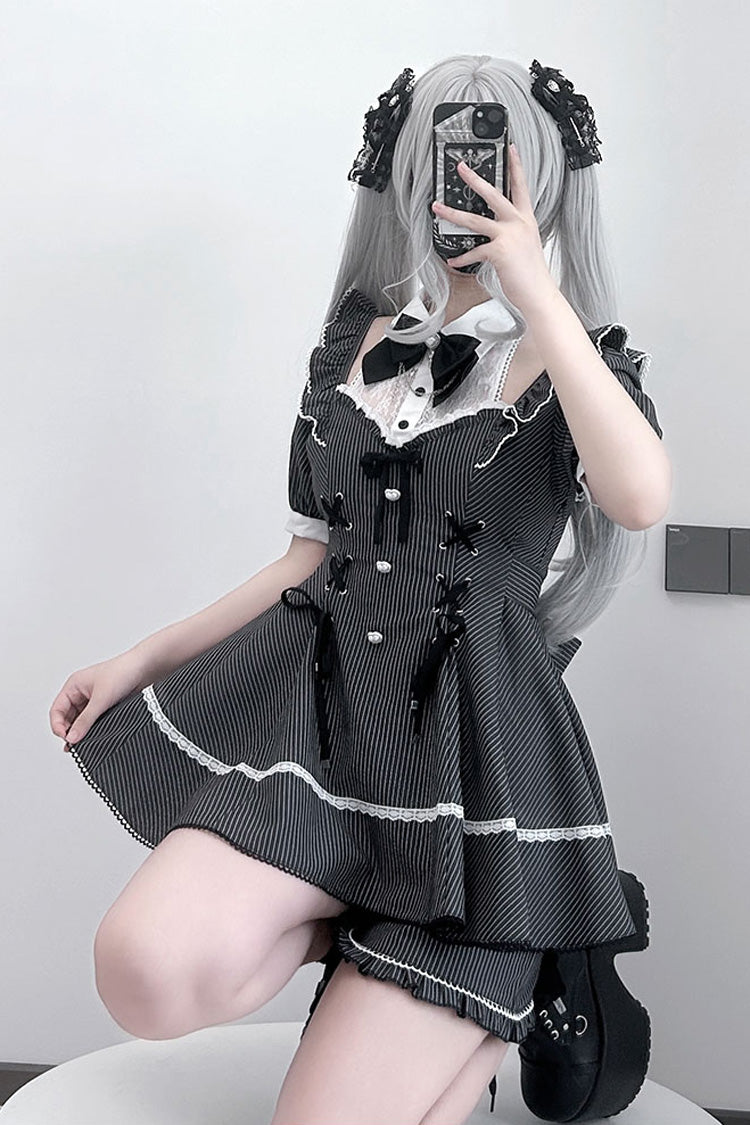 Black Roman Strings Striped Bow Lace-Up Gothic Plus-Size Dress