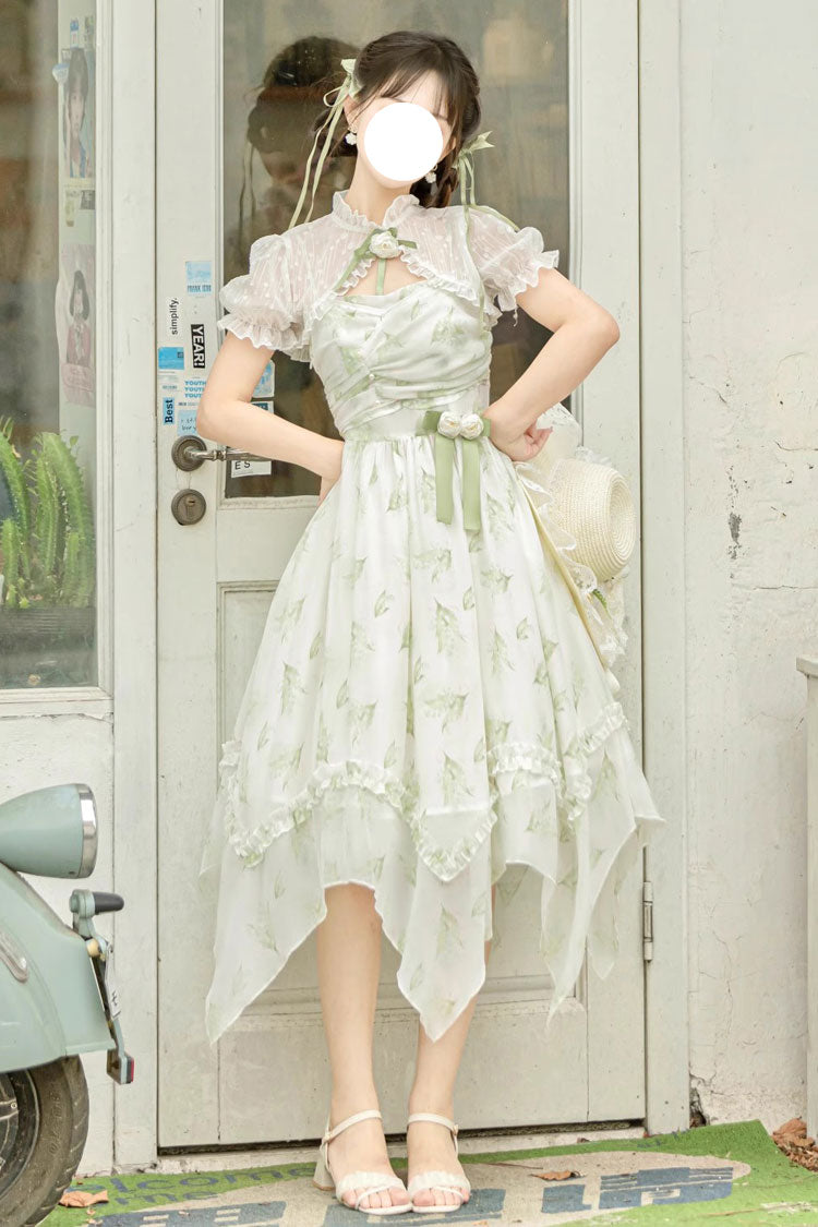 Spring Jacquard Print JSK Dress with Bowknot and Irregular Hem
