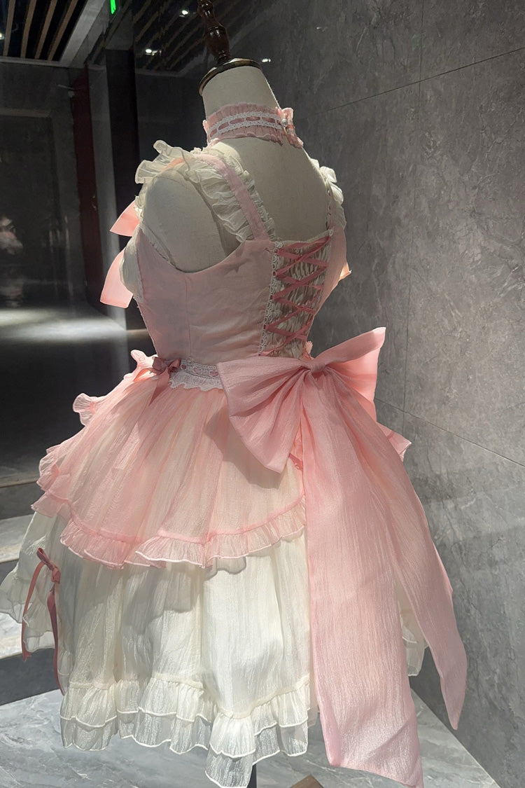 Ivory and Pink Sakura Bow Sleeveless Double-Layer Ruffled Bow Sweet Princess Lolita JSK
