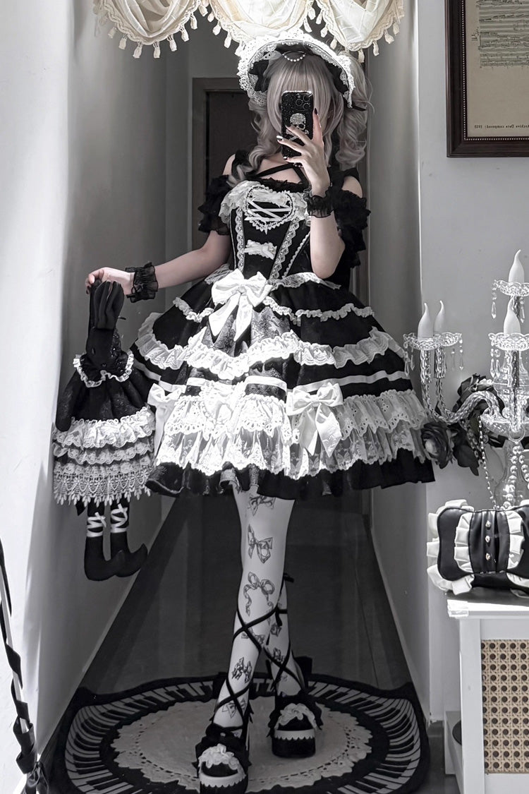 Black/White Super Cute Belia Sleeveless Triple-Layered Ruffled Bow Lace Gothic Elegant Lolita JSK Gown