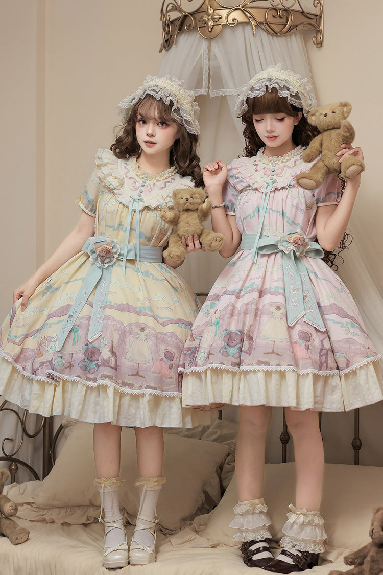 Brown Dollhouse Short Sleeves Bear Printed Ruffled Bow Sweet Lolita Dress Set - Yellow