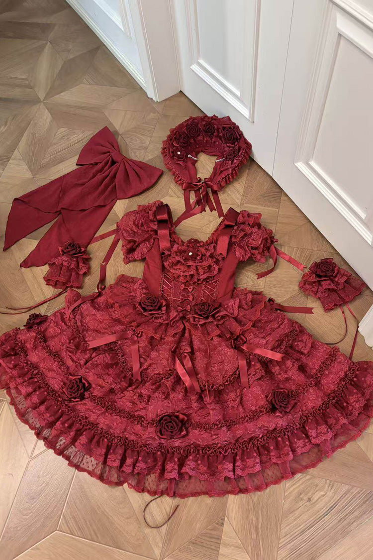 Rose Manor Square Collar Short Sleeves Ruffled Bow Lace Classic Lolita Dress - Red