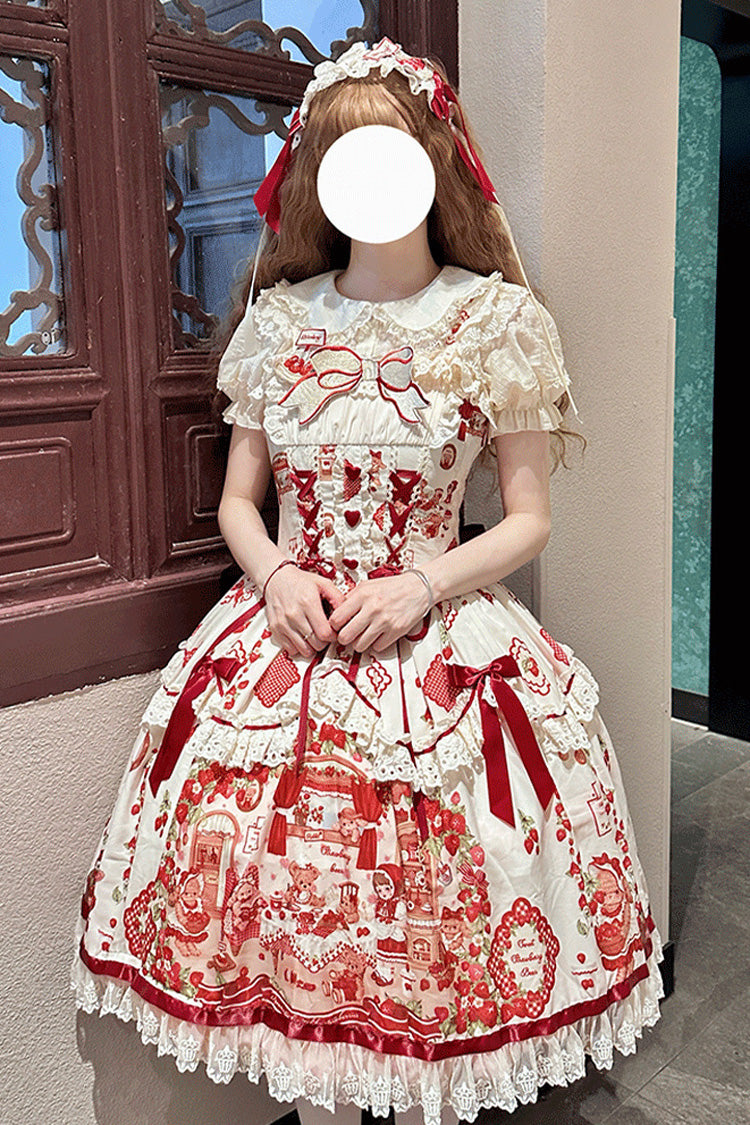 Strawberry Bear Print Sleeveless Lolita JSK with Lace