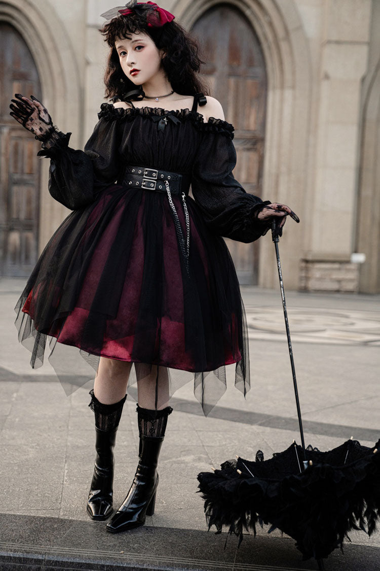 Black Boat Neck Gothic Lolita OP Dress Metal Chain Organza Stitching - Altfashion Shop