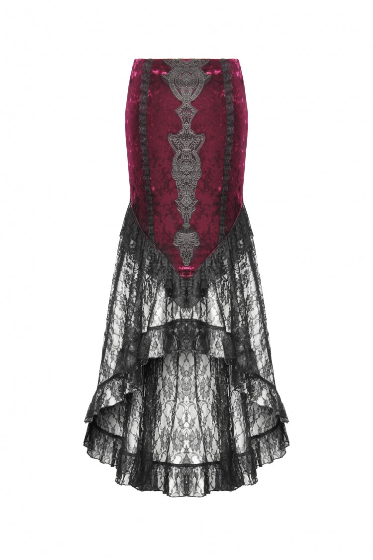 Crimson & Noir Velvet & Lace Lace-Up High-Low Maxi Gothic Skirt