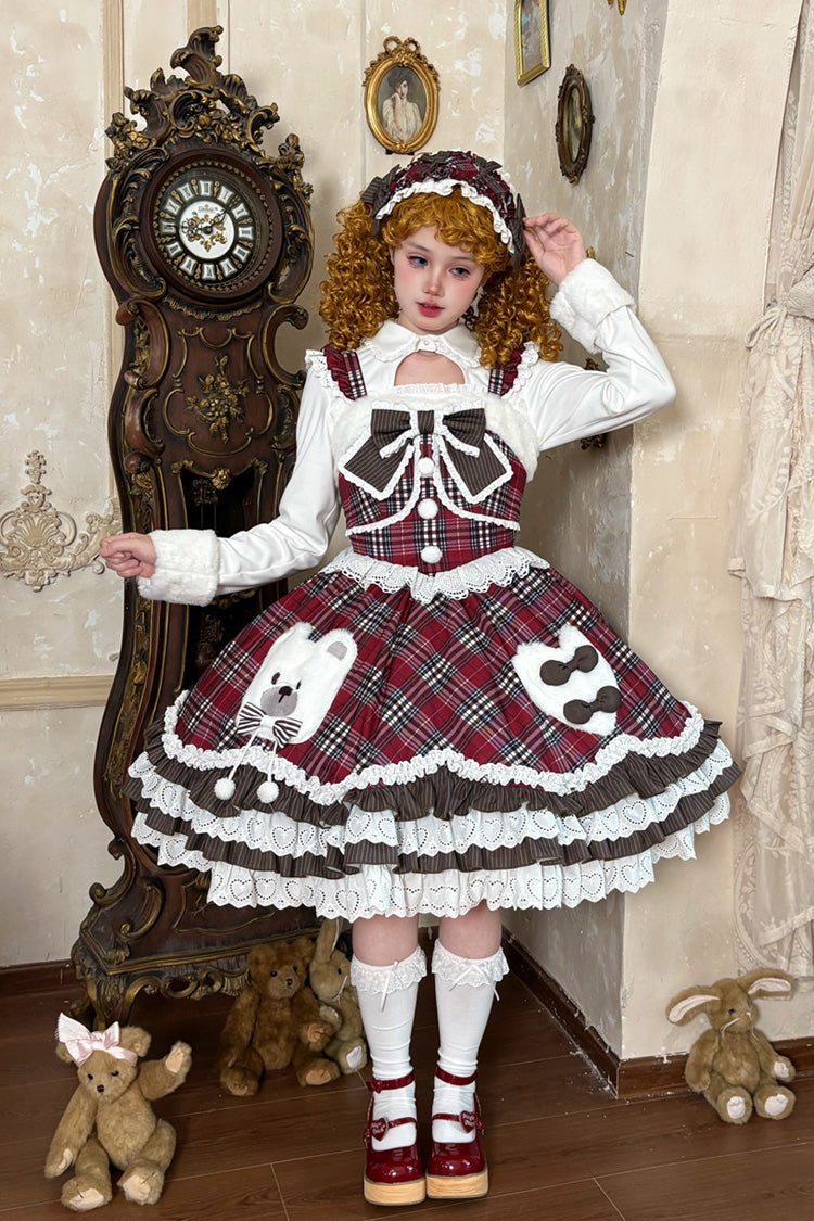 Crimson Layered Ruffled Bow JSK Dress Set with Floral Print