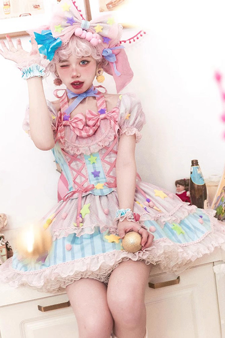 Pink Sugar Magic Print Ruffle Bow Lace Up Sweet Lolita Dress