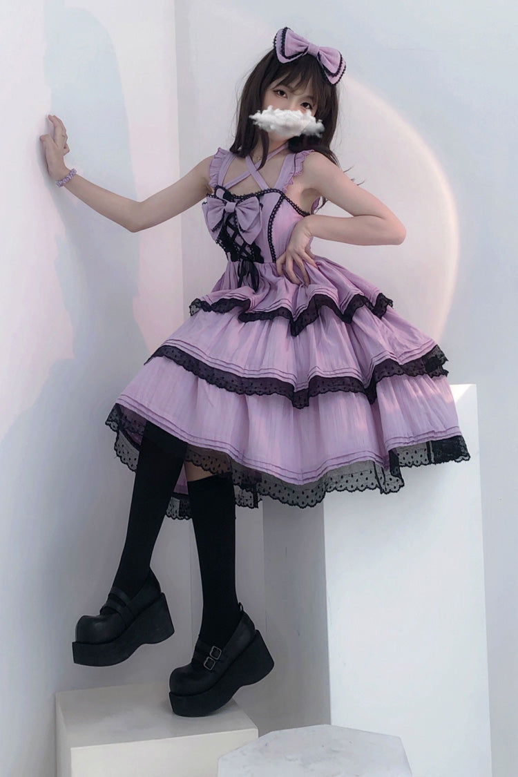 Lilac First-Love Ruffled Bow Lace Sweet JSK Frock