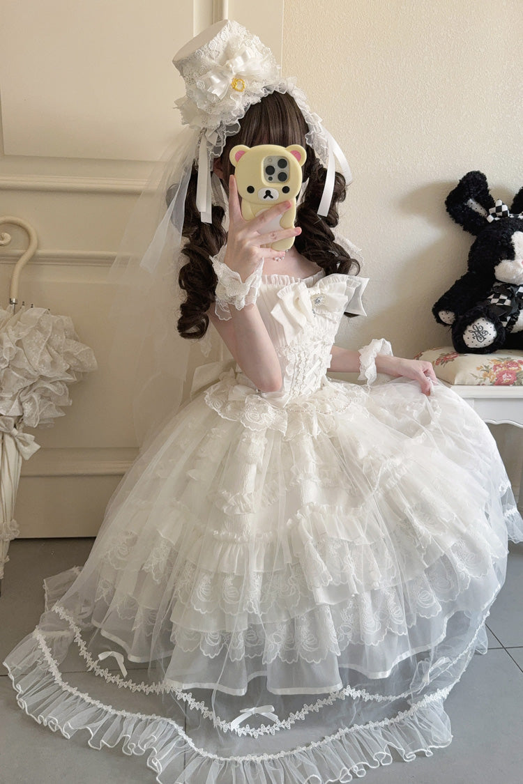 Ivory Sleeveless Multi Ruffle Bridal Bow Lace-Up JSK