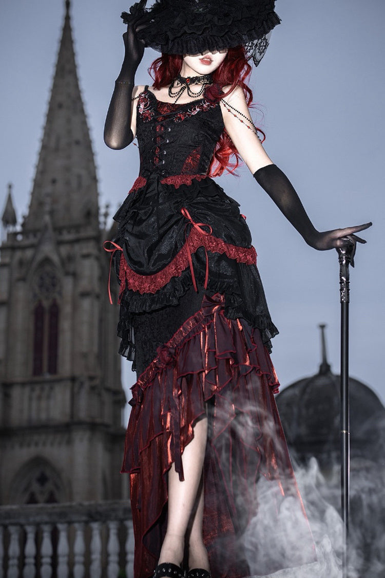 Black/Red Embroidered Lace-Up Gothic Skirt Set with Ruffles
