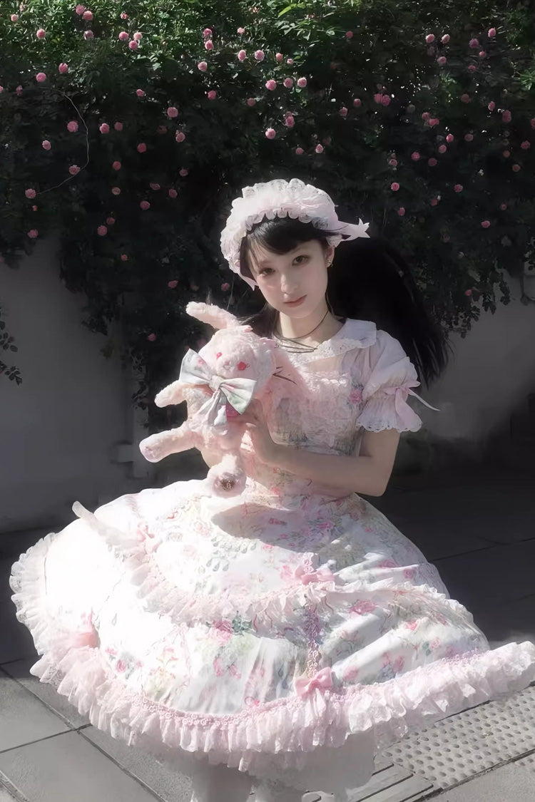 Ivory & Pink Sleeveless Floral Wall Print Lace Bow Sweet Lolita JSK Dress