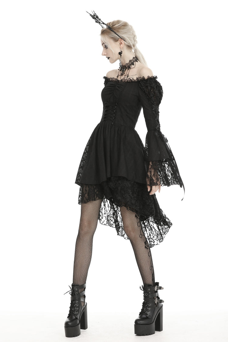 Black Off-Shoulder Trumpet Puff Sleeve Lace-Up Mesh Gothic Cocktail Dress