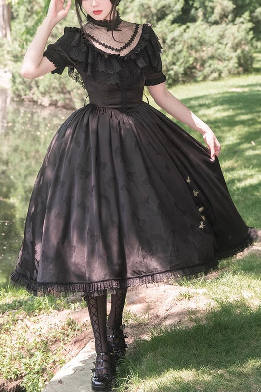 Black Daisy Print Gothic Dress with Cherry Embroidery