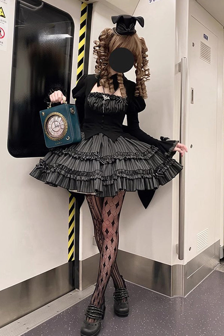 Charcoal Striped Long-Sleeve Ruffled Lace Dress - Duke of the Trap Rabbit