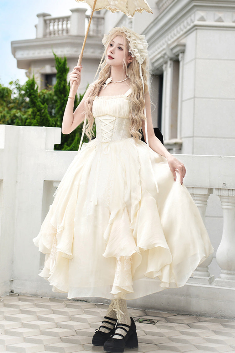 Cream Moonlight Variations Sleeveless Lace-Up Frilled Sweet Lolita Long JSK Dress