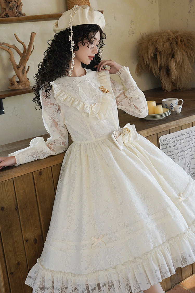 Cream Flower Sound Long Sleeve Frilled Cardigan Bow Lace Sweet Lolita Dress
