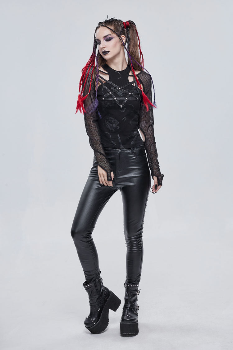 Occult Leather-Striped Long Sleeve Gothic Tee for Women