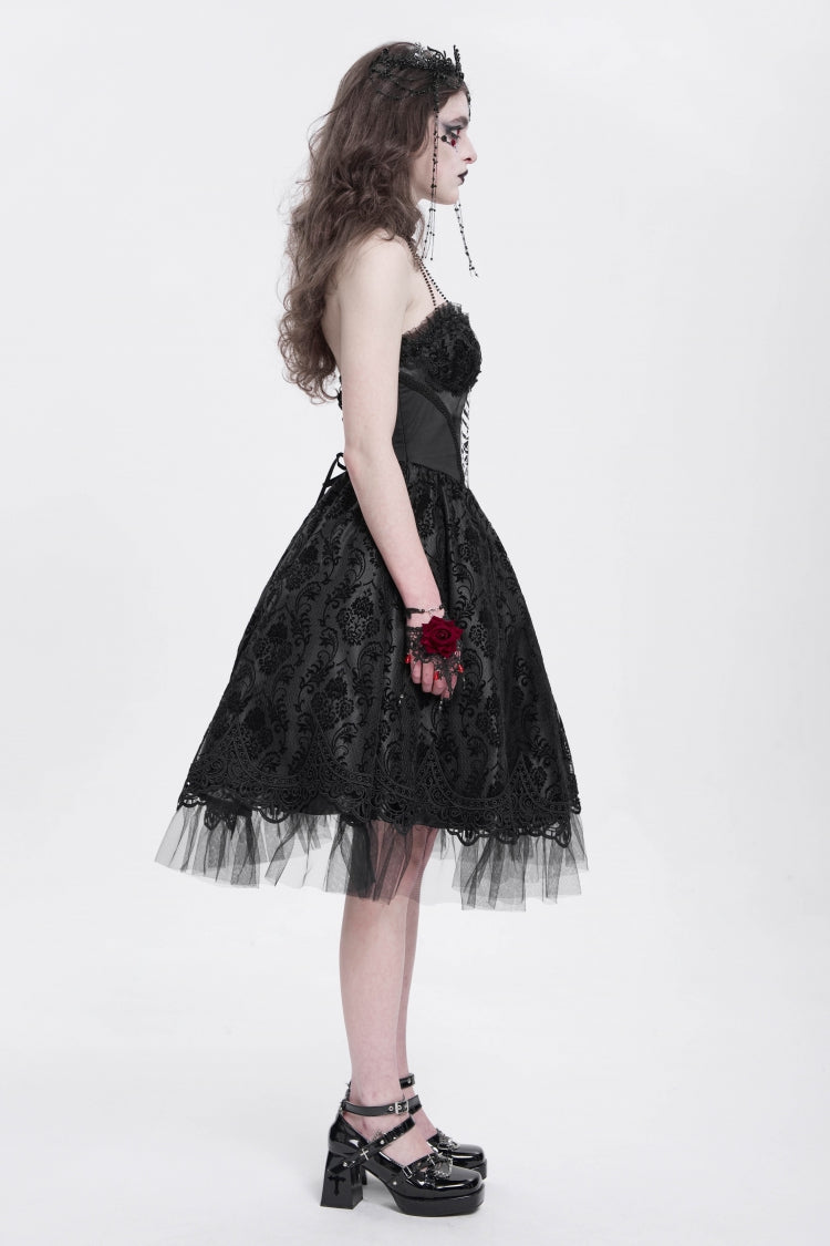 Unique Black Skeleton Print Embroidered Lace Stitching Halter Gothic Gown