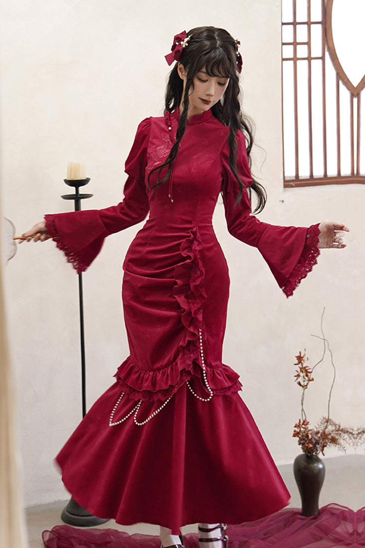 Scarlet Embroidered Lace Bow Classic Chinese Elegant Lolita Dress