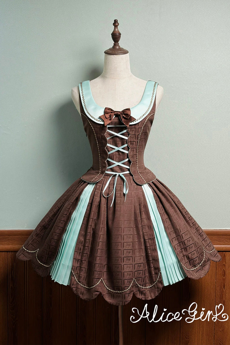 Brown Printed Embroidered Bow Lace-Up Classic JSK Dress & Skirt - Teddy Chocolate Bar