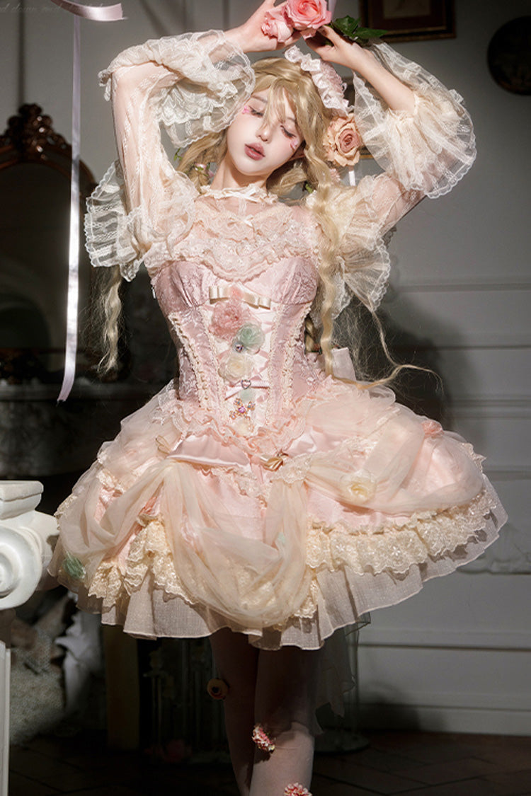 Dream Garden Ruffle Hanayome Embroidery Bow Lace Fishbone Princess Gorgeous JSK Dress in Pink