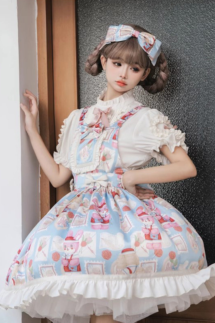 Light Blue Rabbit Letter Printed Ruffled Bow Sweet Princess Lolita Strap Dress