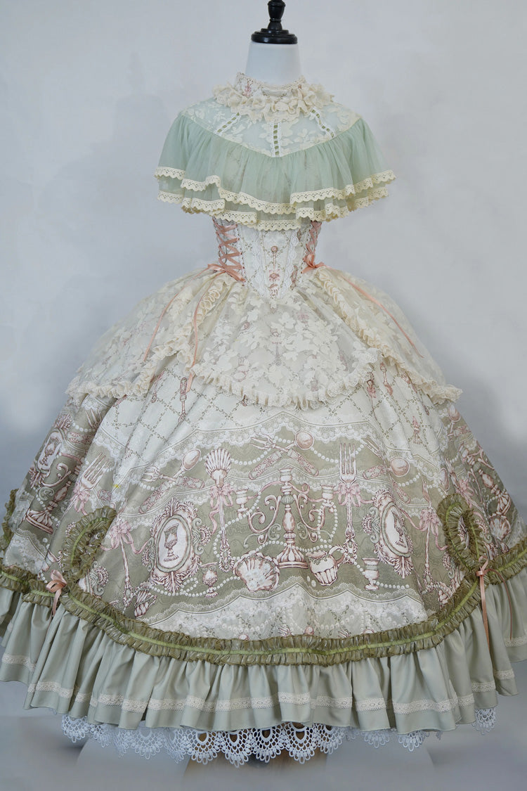 Spring Green Edwardian Collar Jacquard Printed Lace Fishbone Sweet Dress - Cloudborne Prelude