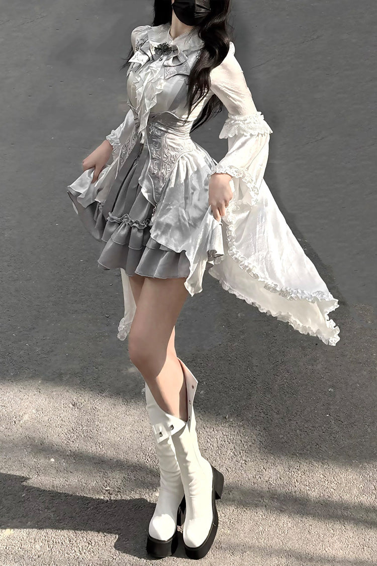 Ivory and Silver Key Embroidered Open-Front Bow Gothic Lolita Skirt Ensemble
