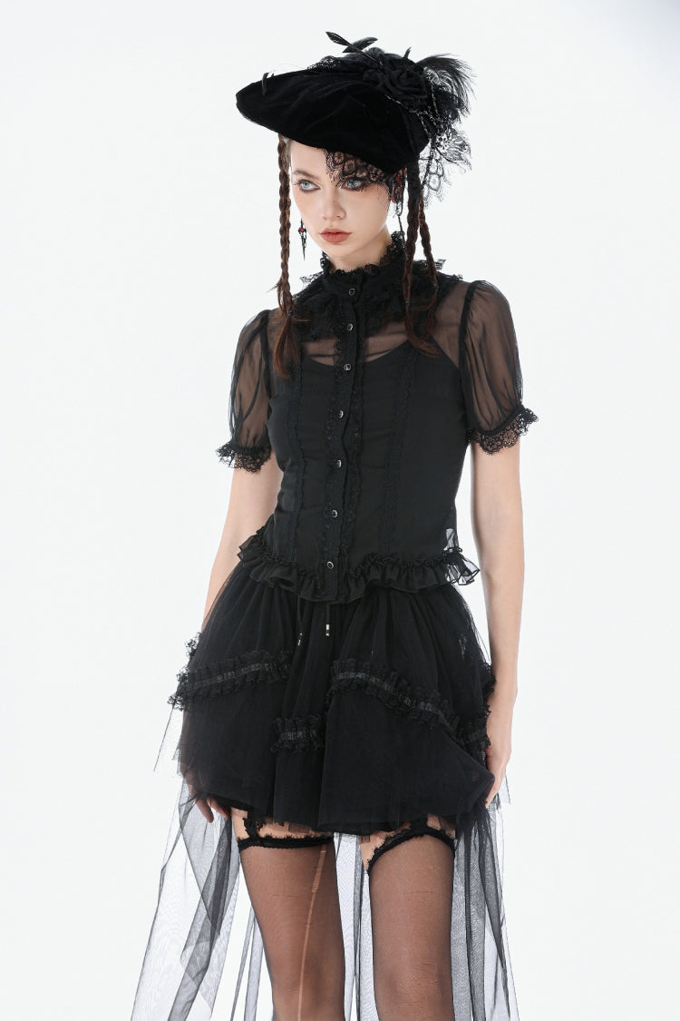 Courtly Gothic Blouse with Puff Sleeves and Lace, Black
