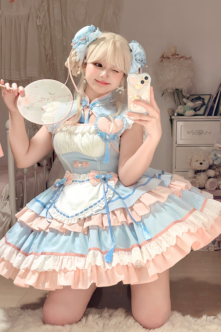 Blue Pink Multi-Layered Ruffled Sweet Chinese Maid Cheongsam Dress