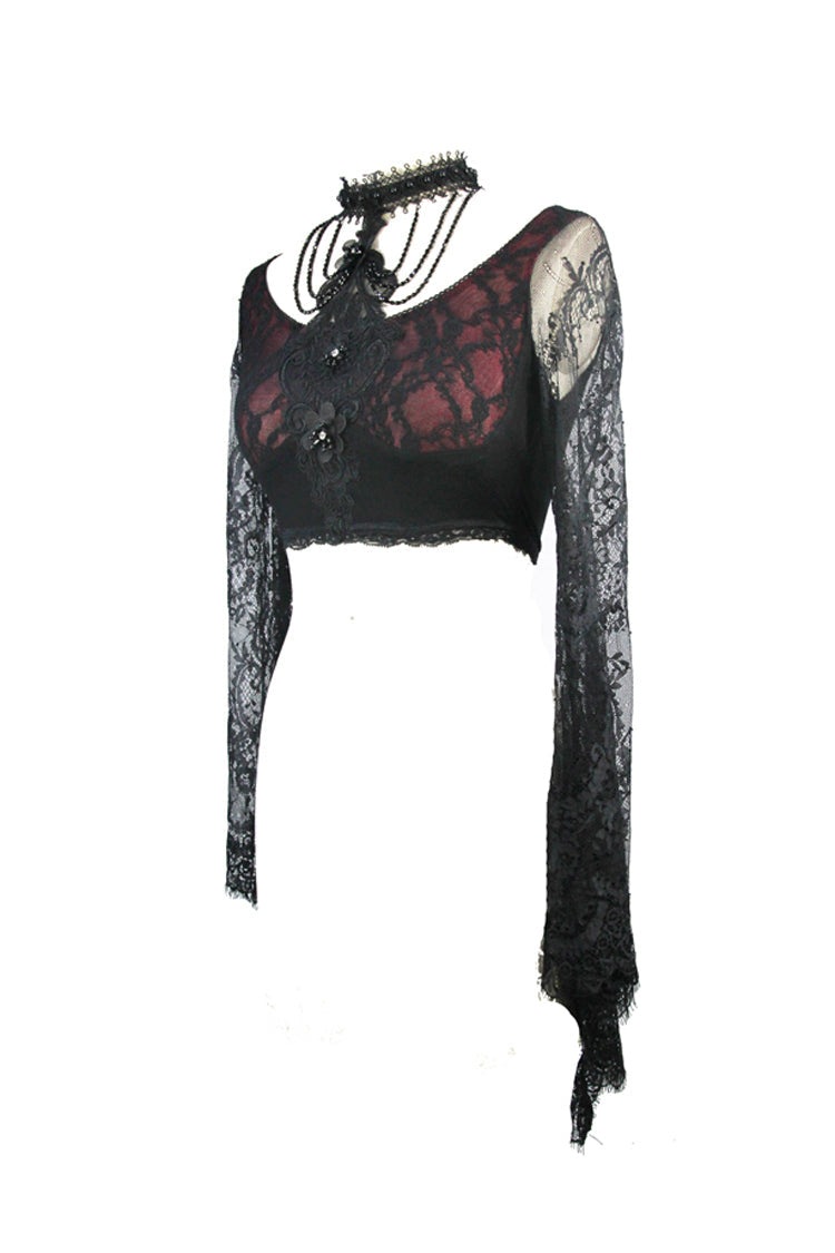 Openwork Sunscreen Long Sleeve Gothic Shirt for Women Lace Super Short
