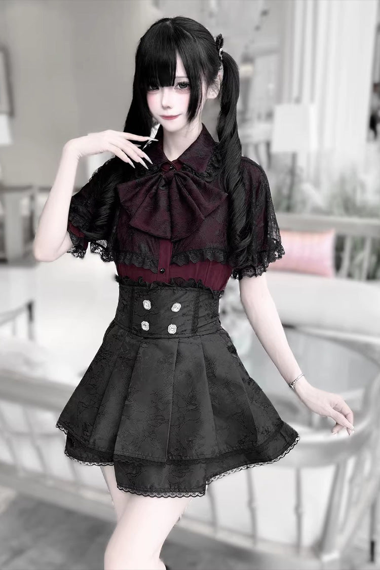 Dark Moon Shadow Double Layered Ruffled Embroidered Lace Up Gothic Lolita Set