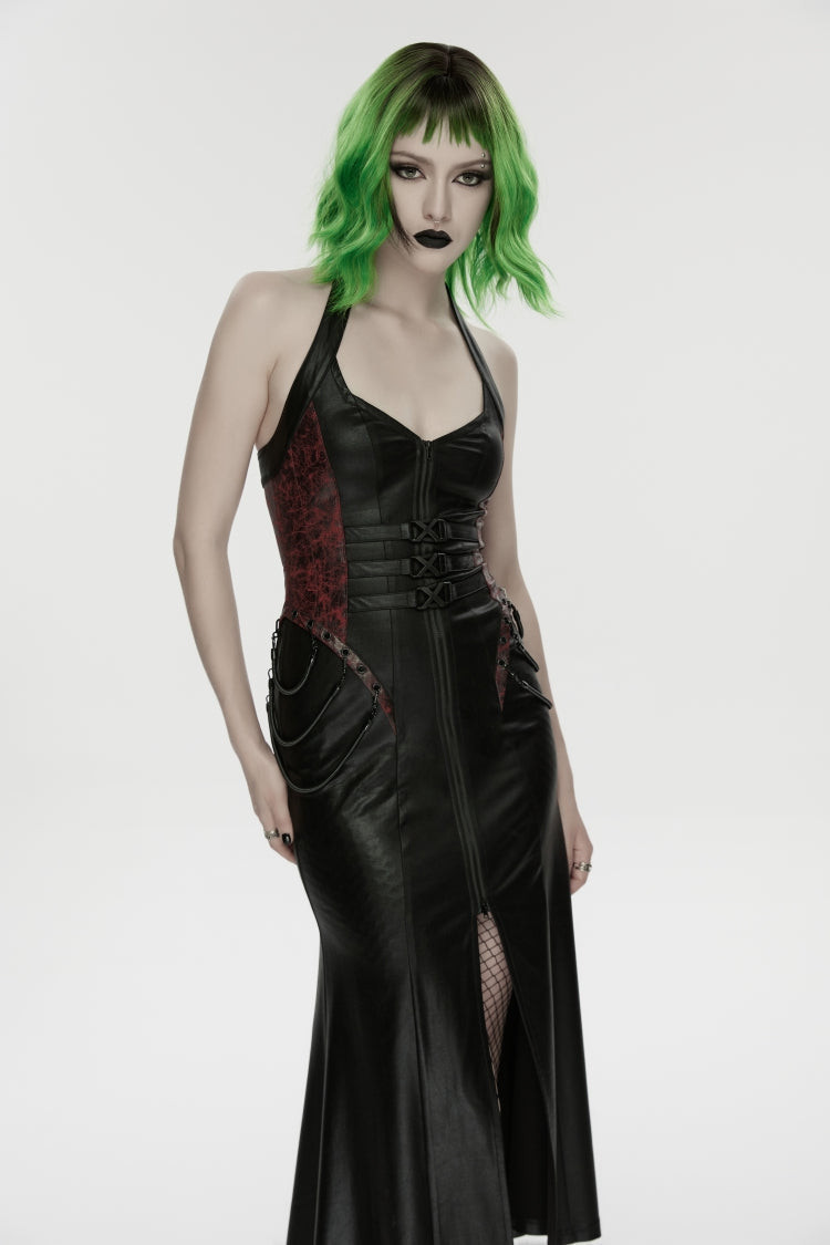 Crimson & Noir Halter Neck Sleeveless Buckle Detail Punk Mini Dress