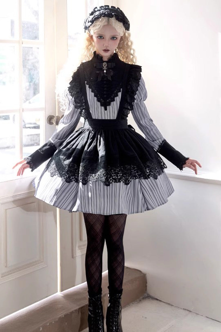 Grey Vertical-Stripe Bow Lace Gothic Gown