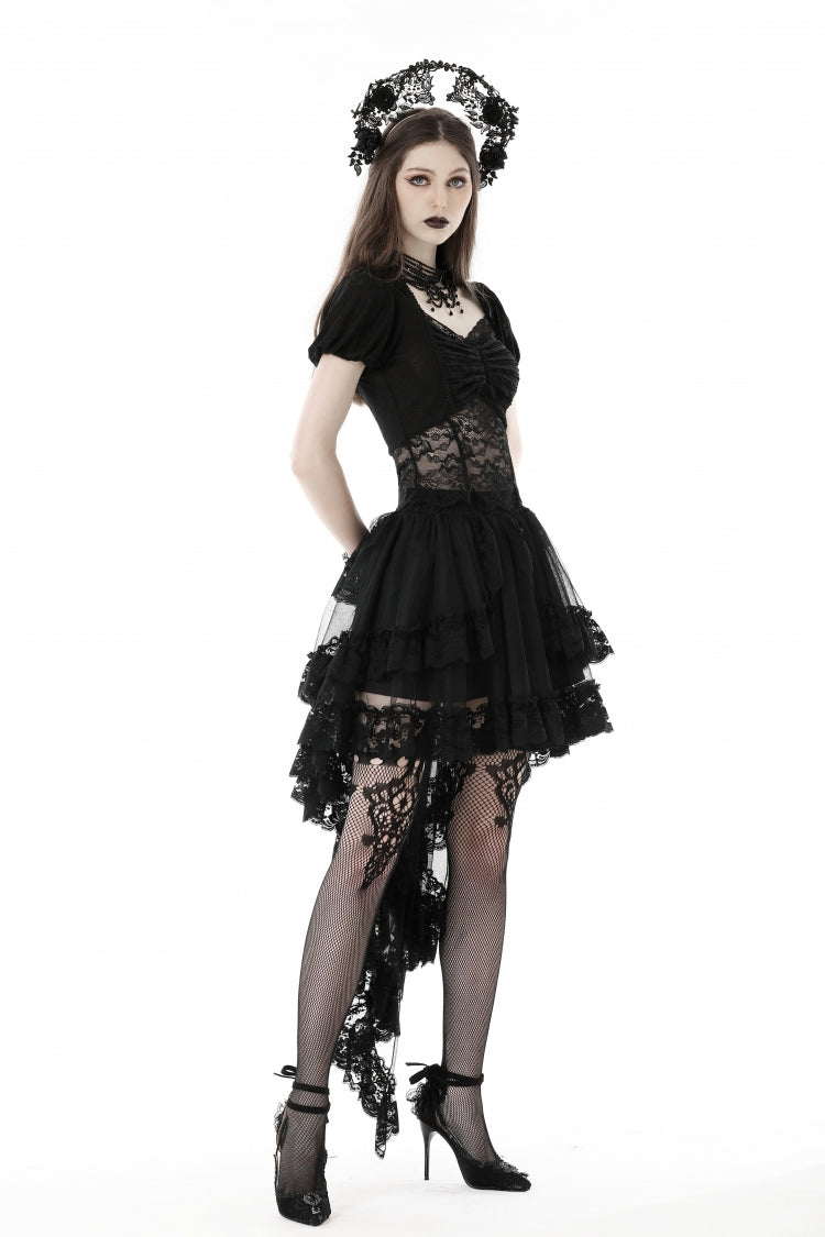 Gothic Swallow Tail Skirt with Irregular Lace Ruffles, Black