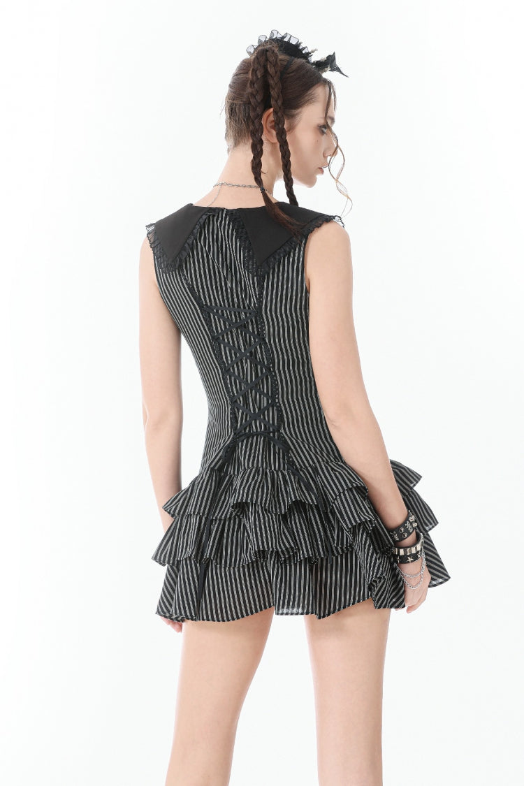 Bow Lace-Up Pinstripe Layered Sleeveless Dress - Gothic