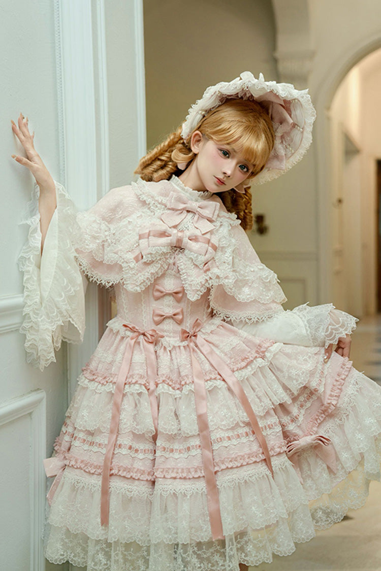 Pink Sleeveless Ruffled Bow Lace Sweet Lolita JSK - Reinas