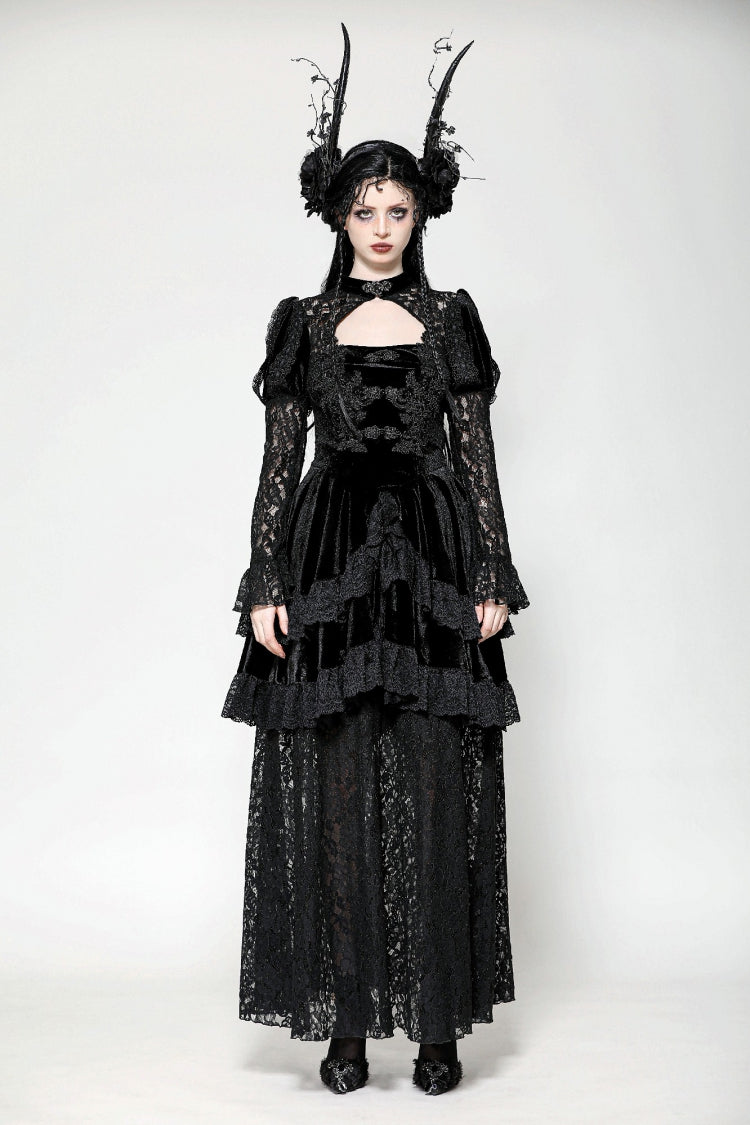 Jet-Black Gothic Evening Dress with Cutout Lace and Velvet Corset