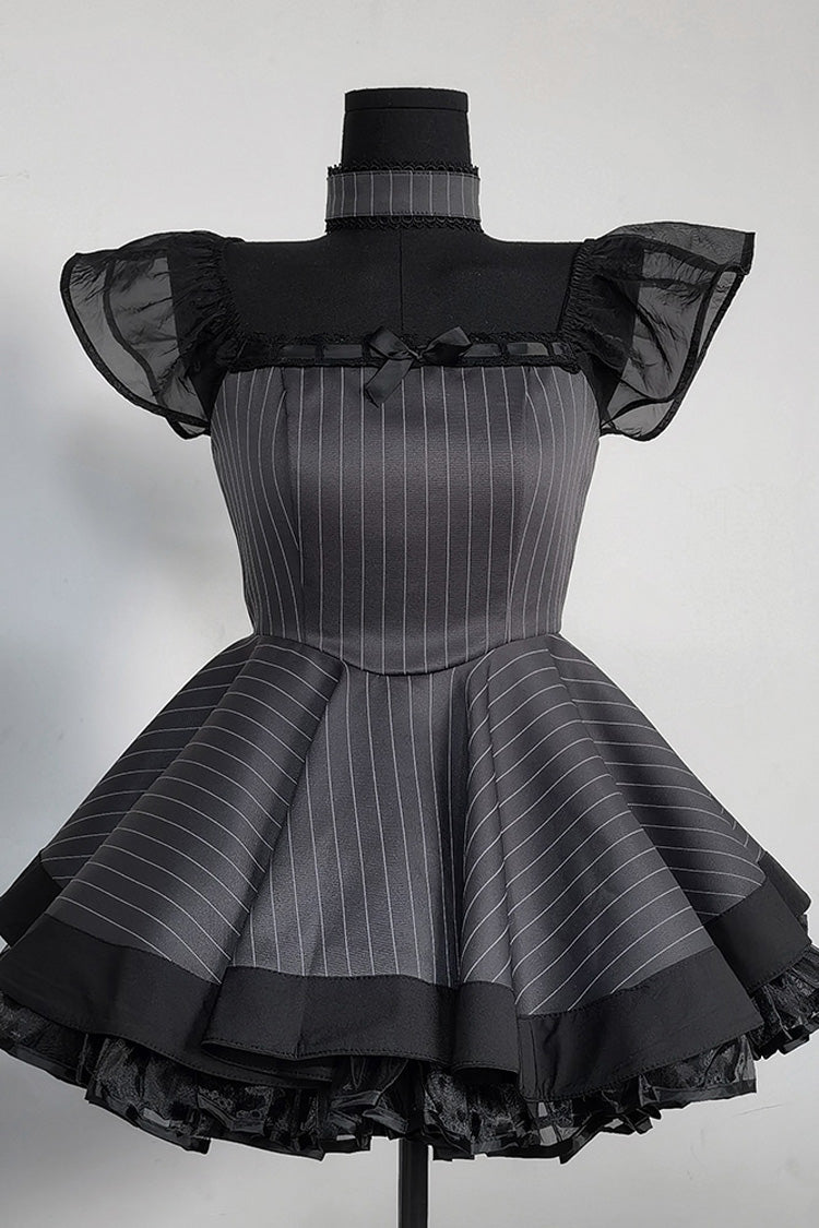 Grey Striped Ruffled Bow Gothic Japanese Maid Lolita Dress