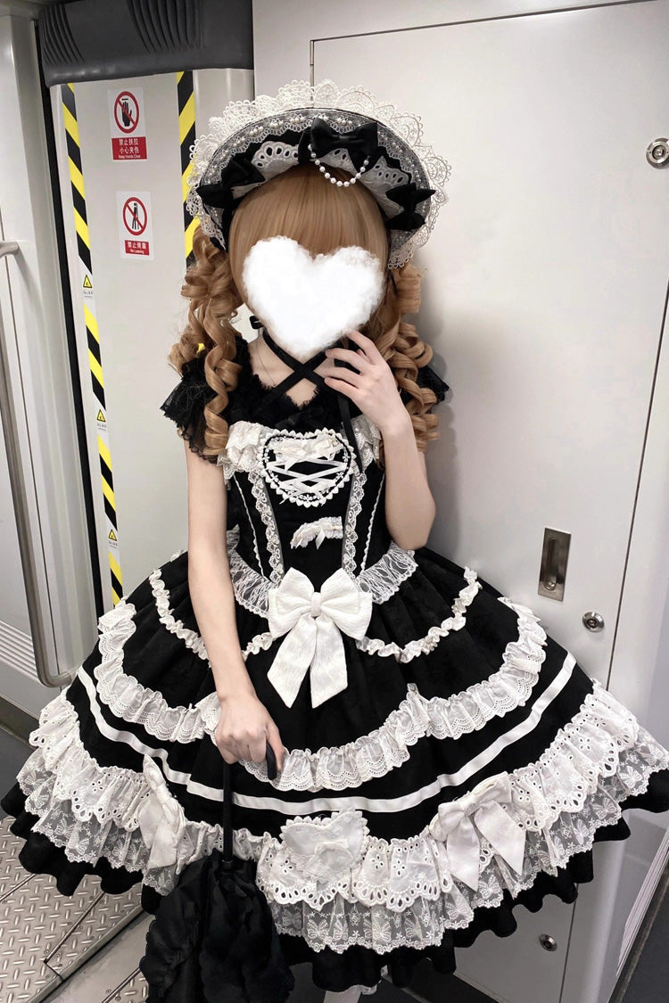 Black/White Super Cute Belia Sleeveless Triple-Layered Ruffled Bow Lace Gothic Elegant Lolita JSK Gown