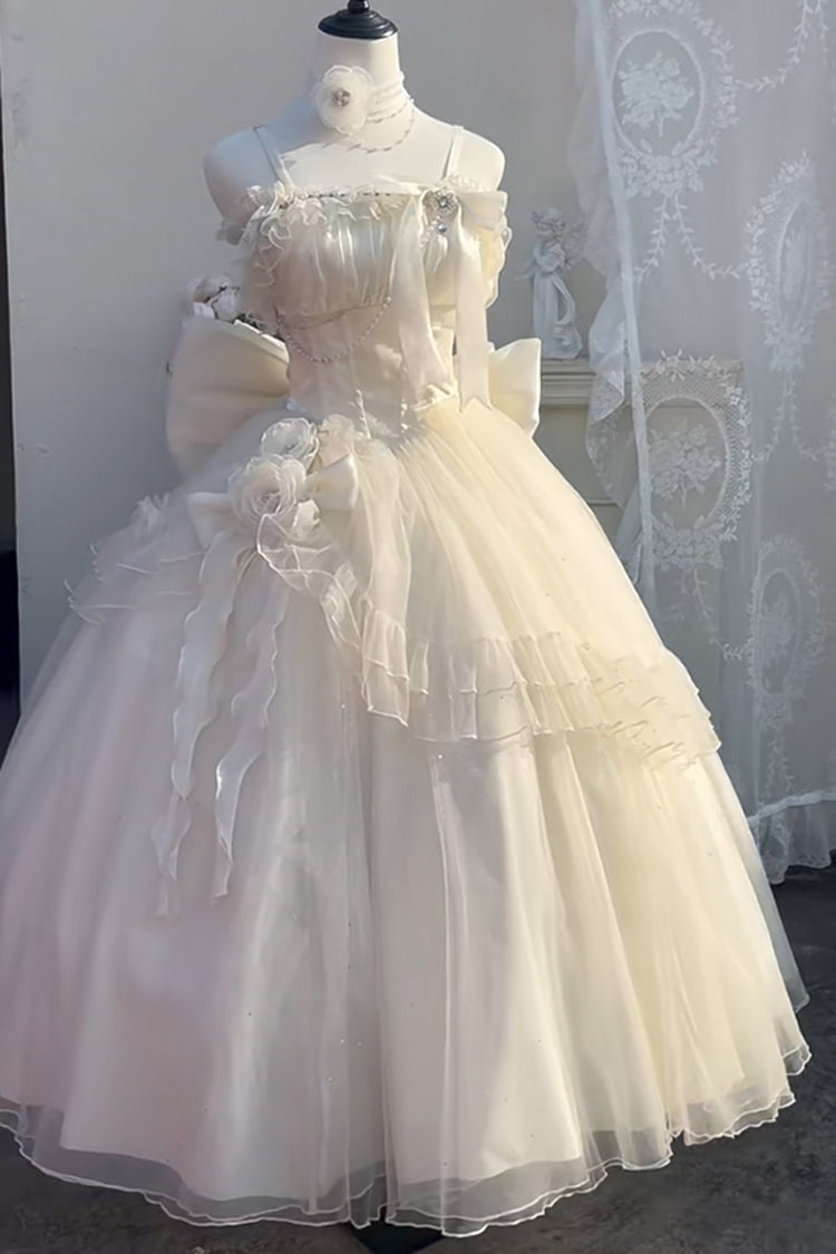 Elegant Apricot Off-Shoulder Ruffle Bow Asymmetric Princess Lolita Gown