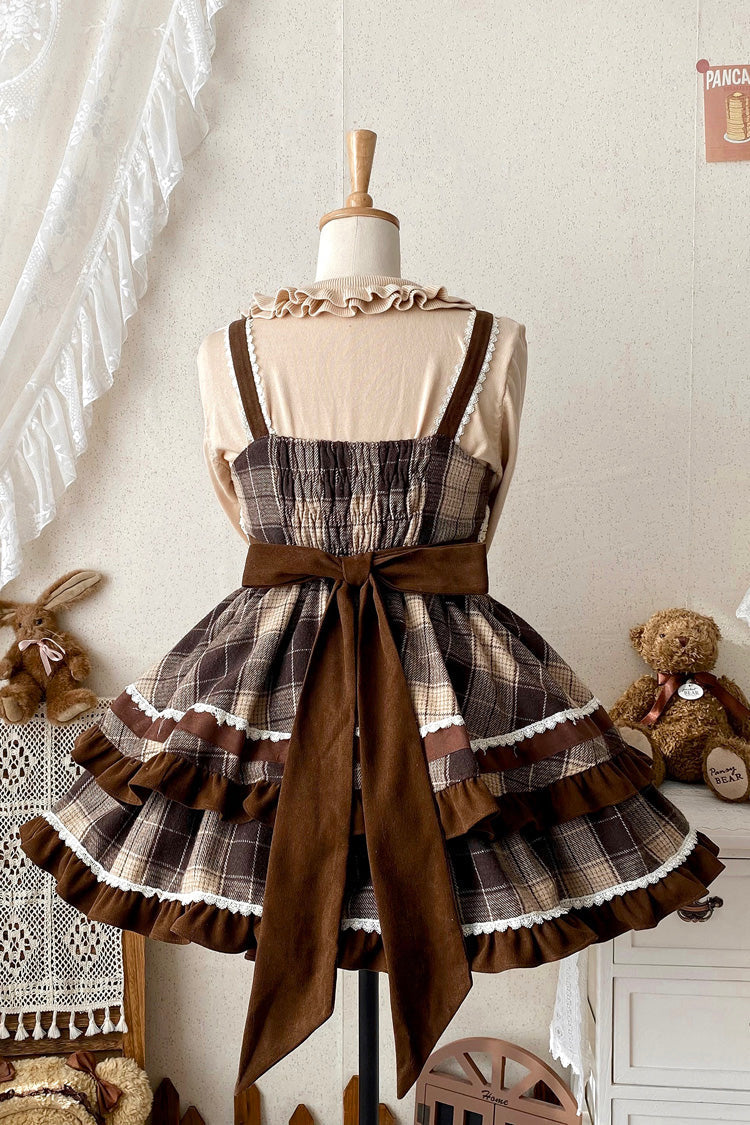 Caramel Cocoa Double-Layered Print Ruffle Bow Sweet JSK