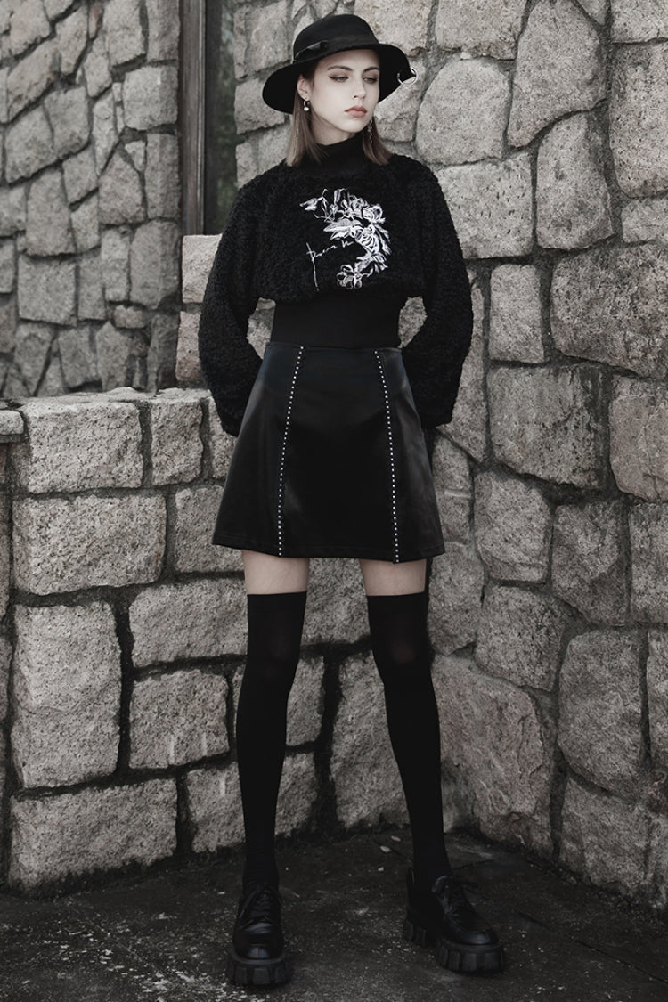 Punk Leather A-Line Skirt with Lace and Rivets