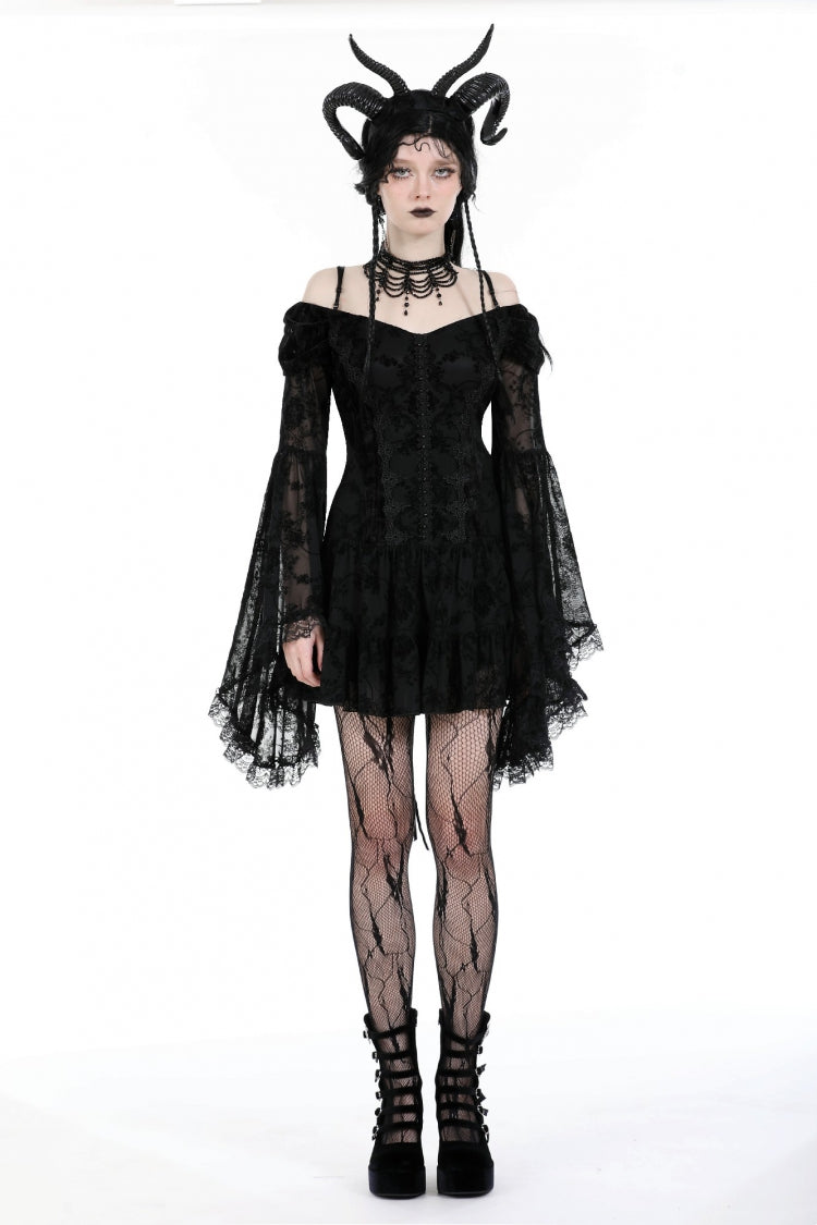 Off Shoulder Long Trumpet Sleeves Velvet Spliced Mesh Gothic Graduation Dress