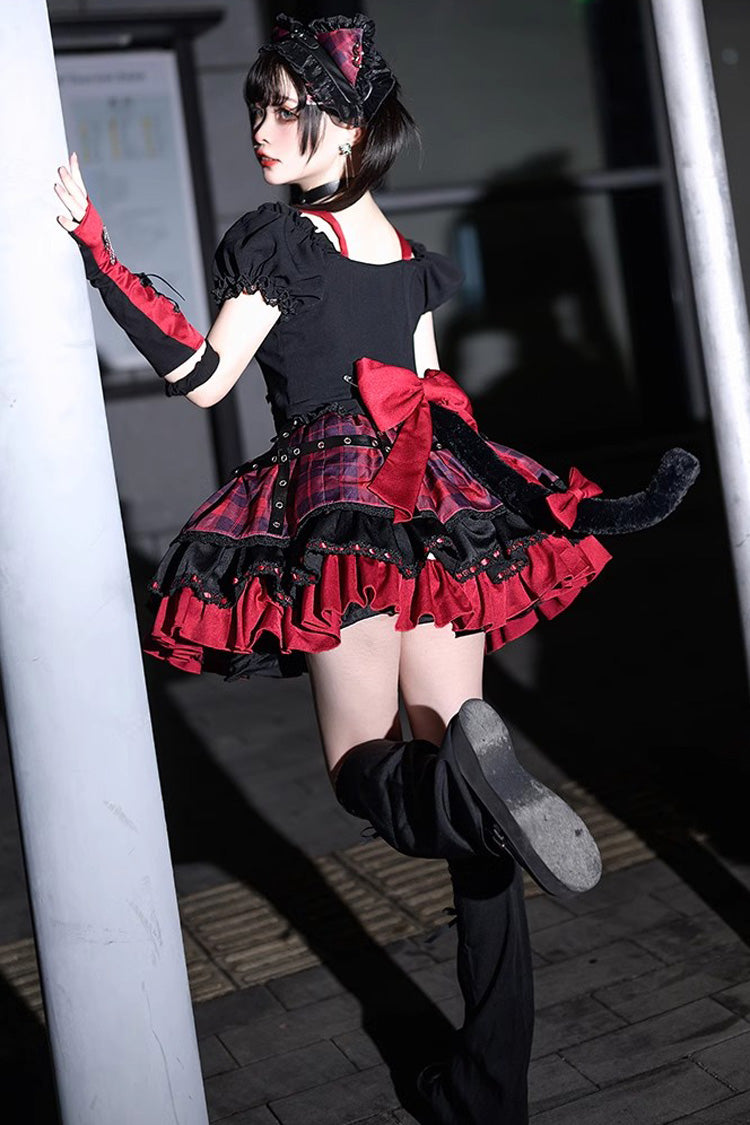 Black Red Print Ruffle Lace Up Gothic Japanese Princess Skirt Set