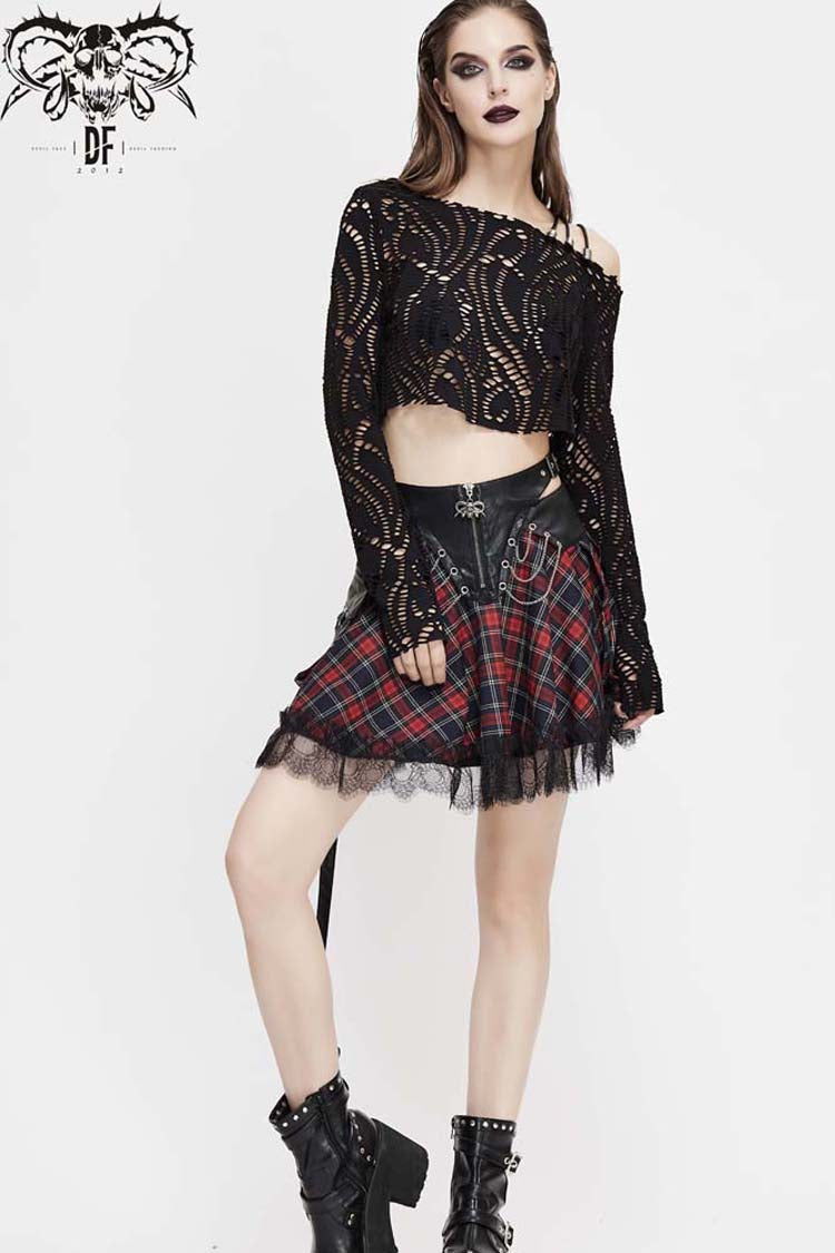 Jet-Black Punk Shirt with Lace-Up Straps and Cutout Collar for Women