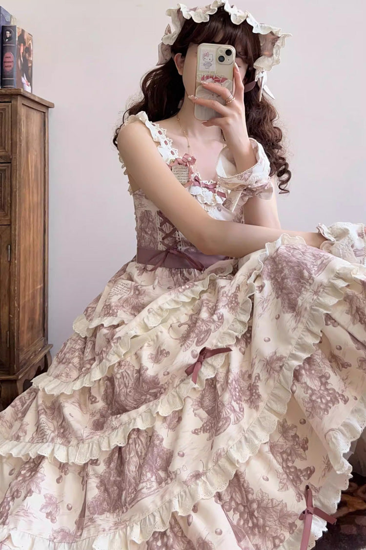 Grape Moon Almanac Sleeveless Multi-Layer Printed Ruffled Bow Adjustable Sweet Lolita JSK Dress